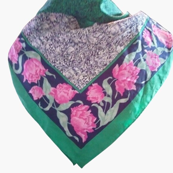 Floral Pattern Satin Scarf 28x28 Green Pink Rose - Picture 3 of 6